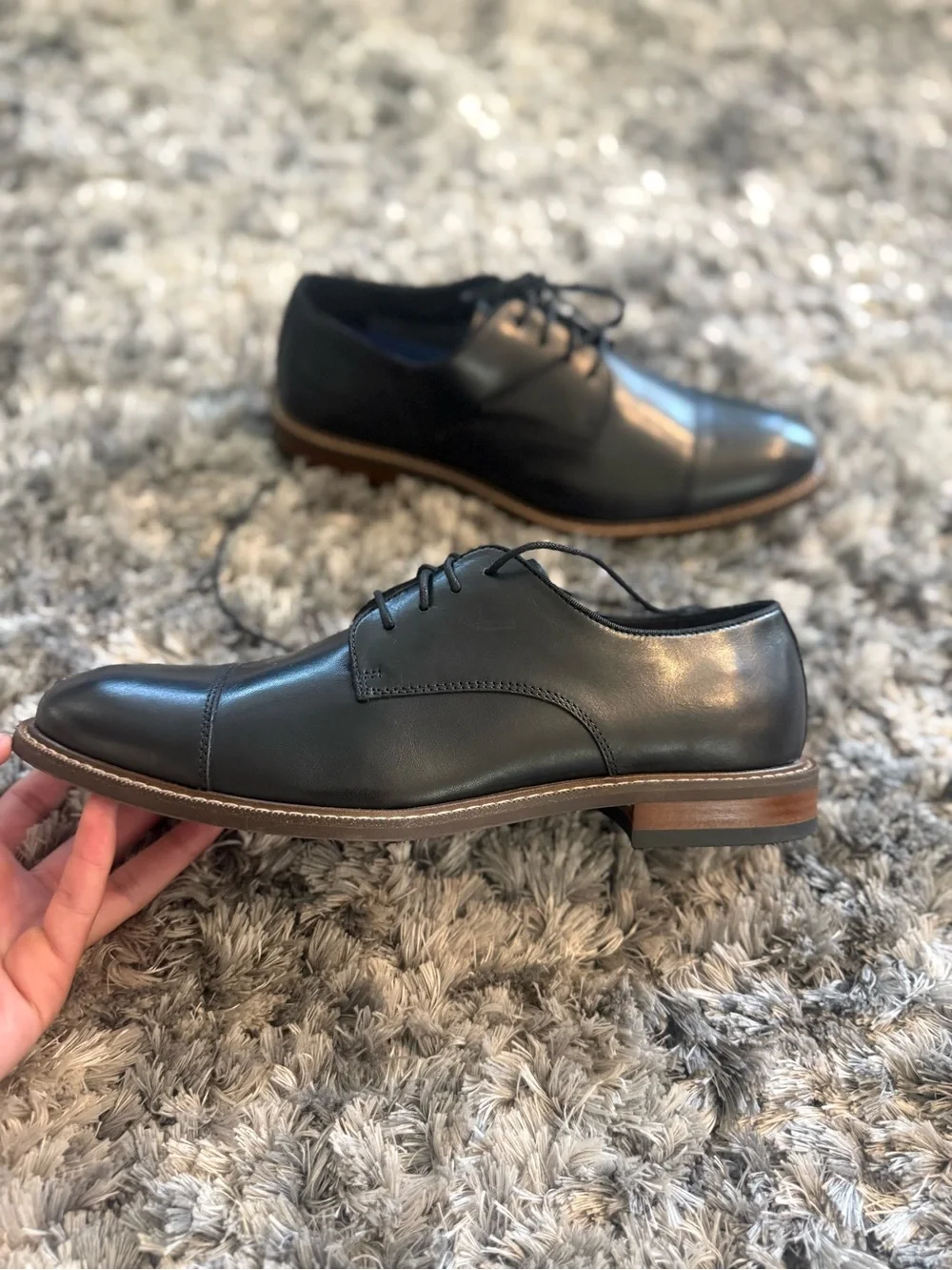 Vince Camuto Black Leather Cap-Toe Derby Shoes with Brown Welt